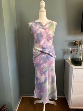 VERNACULAR NWT Shoulder Tie Set Pastel Watercolor Slip Dress - Lavender Small
